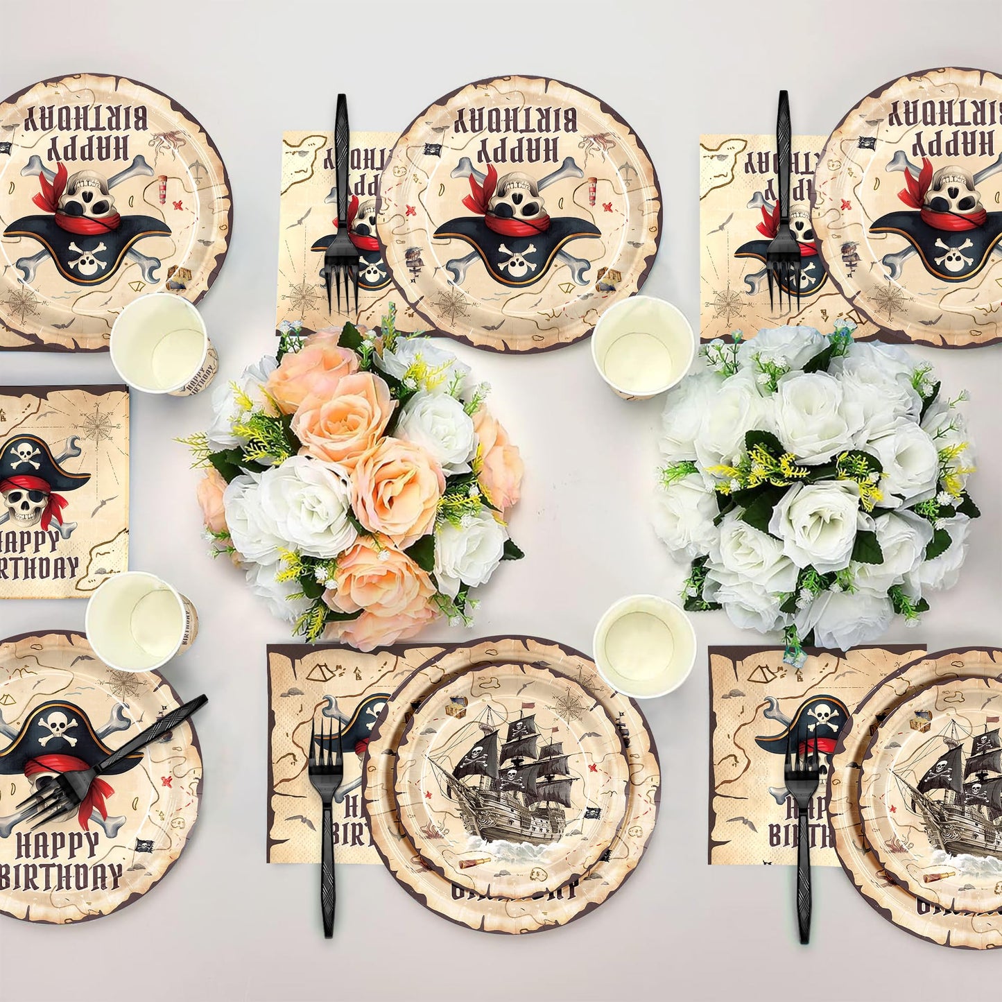 120pcs Pirate Party Supplies Pirate Birthday Plates and Napkins With Paper Cup Treasure Map Napkins Adventure Party Supplies for Pirate Birthday Party Disposable Tableware Set Serve 24 Guests
