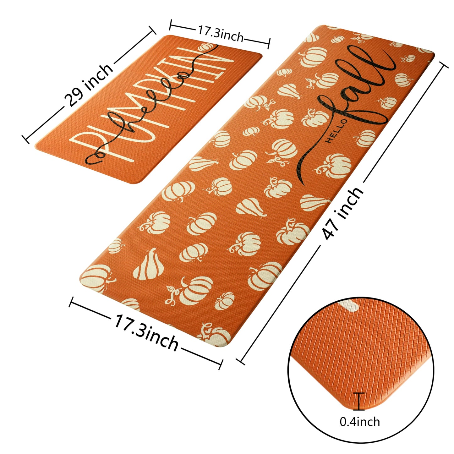 VivaNest Fall Autumn Pumpkin Orange Kitchen Rug Sets [2 PCs], Anti-Fatigue, Waterproof Non-Slip Kitchen Mats Heavy Duty Comfort Foam Rug for Kitchen, Floor, Laundry,17"x29"+17"x47"