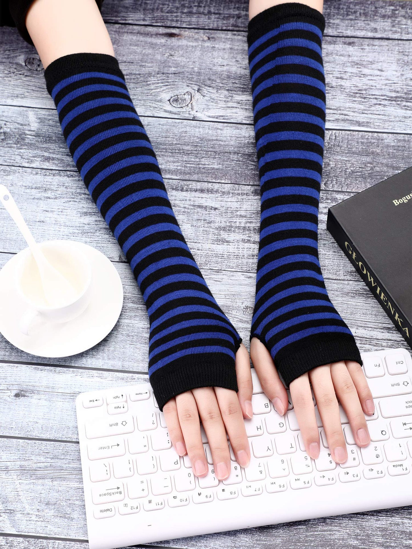 4 Pairs Women's Knit Arm Warmers - Long Fingerless Gloves, Elbow Length, Thumb Hole - Winter (Black, Grey, Blue, Coffee)