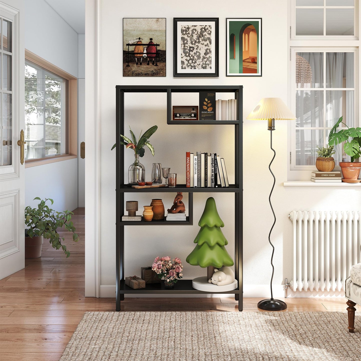 4 Tier Book Shelf, Modular Wide Bookshelves with Storage, Adjustable Industrial Metal Bookcase, Asymmetrical Geometric Shelf for Living Room, Bedroom, Office, 33.5" W*13.8" D*70.8" H, Black