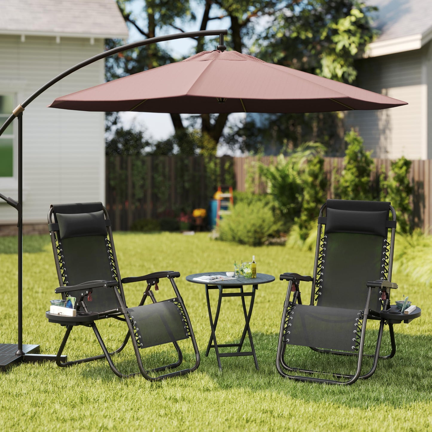 Yaheetech Zero Gravity Recliners Outdoor Adjustable Folding Reclining Lounge Chairs w/Pillows, Cup Holder Trays and Carry Strap for Patio Backyard Beach Black Set of 2
