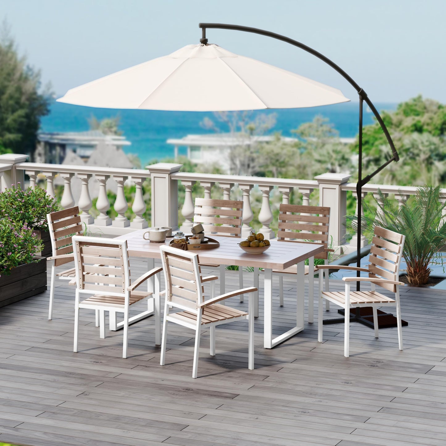 WiberWi 7 Piece Outdoor Dining Set for 6, Acacia Wood 59.1" Patio Table and Chairs Set with Metal Frame, Patio Dining Furniture Set for Garden, Balcony, Backyard, Poolside, Natural & White