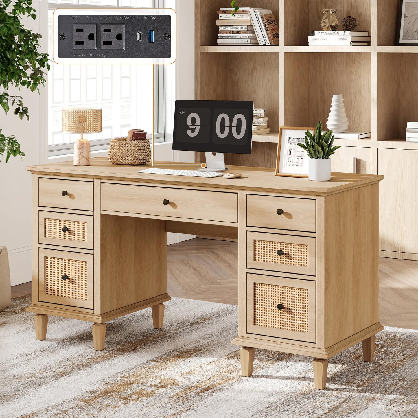 Yechen 58'' Wood Executive Desk with 7 Drawers - Modern Natural Rattan Home Office Desks with Charging Station, Large Long Computer Desk with Storage, Boho Writing Table for Work, Study, Natural Oak