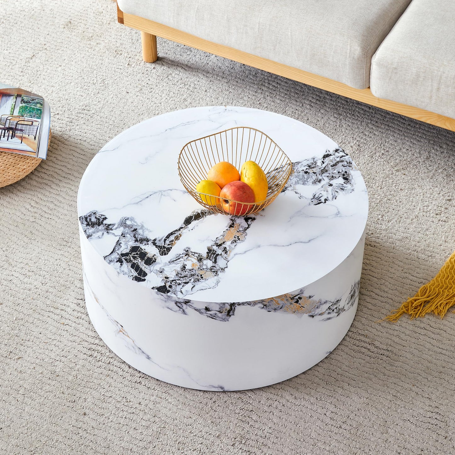 27.5" Round Coffee Table, Modern White Marble Coffee Tables for Living Room, Faux Marble Wooden Circle Center Table Accent Cocktail Tea Tables for Apartment Home Office, No Assembly
