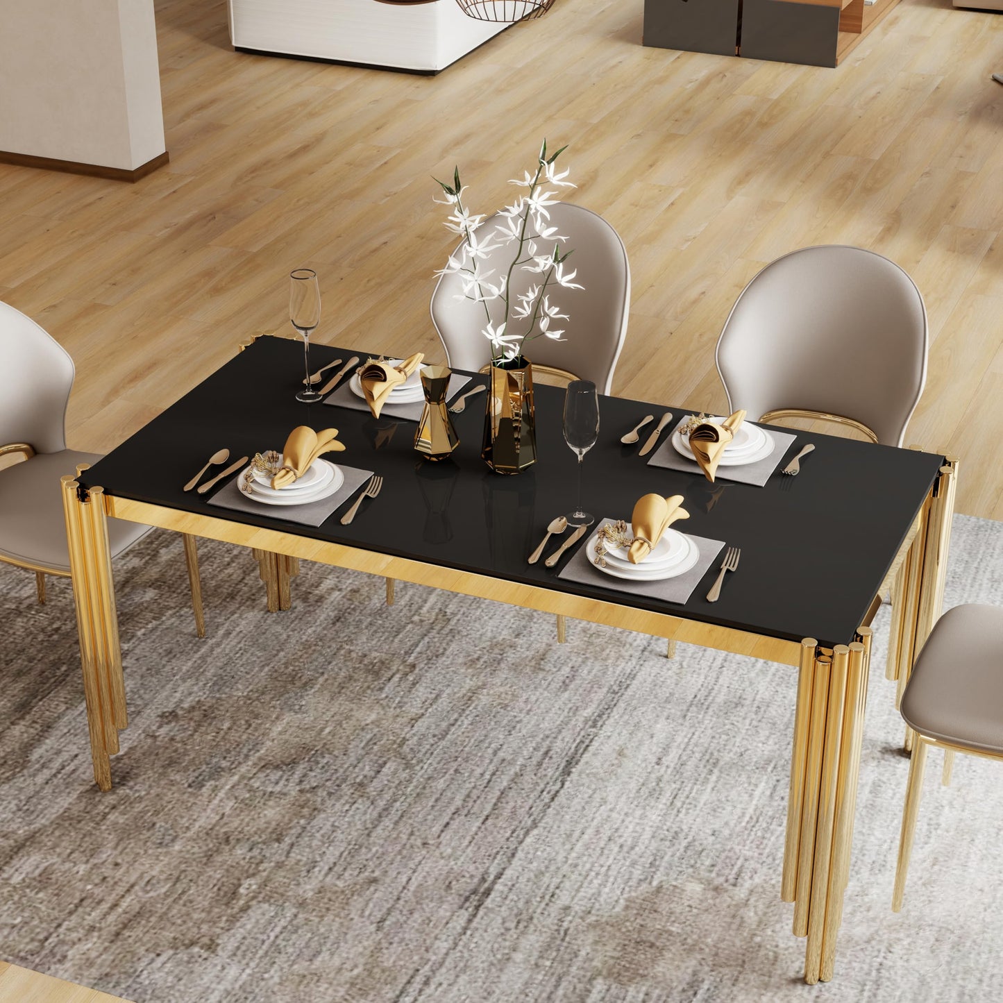 65" Glass Dining Table,Black Tempered Glass Kitchen Tabe with Gold Legs,Golden Dinner Table for 4-6,Rectanglar Modern Dining Table for Apartment,Dining &Kitchen Room(Table Only)