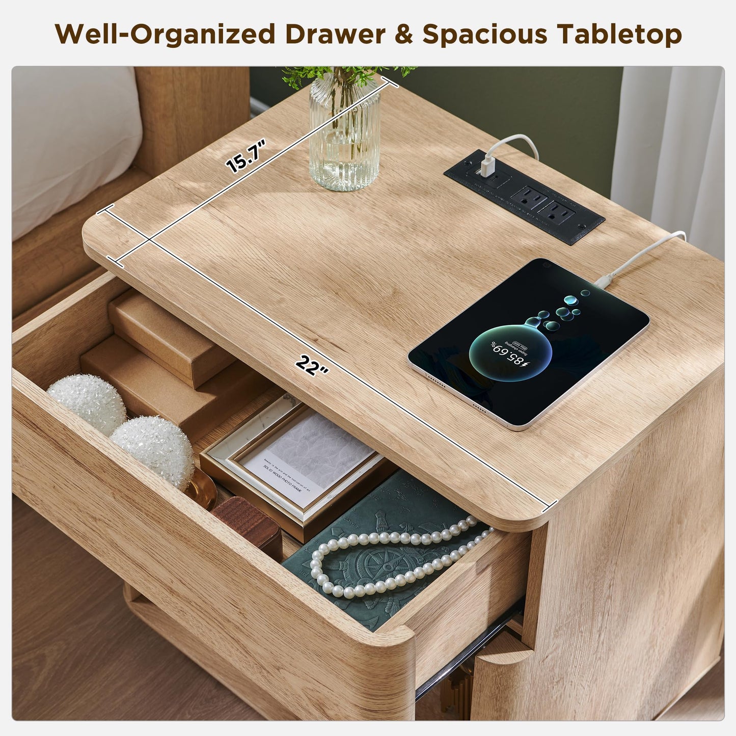 ACCOHOHO Modern Night Stand with Charger Station, 22" W Nightstand with Push-to-Open Drawers & Open Storage, Large Bedside Table for Bedroom, Living Room End Table, Curved Profile, Natural Oak
