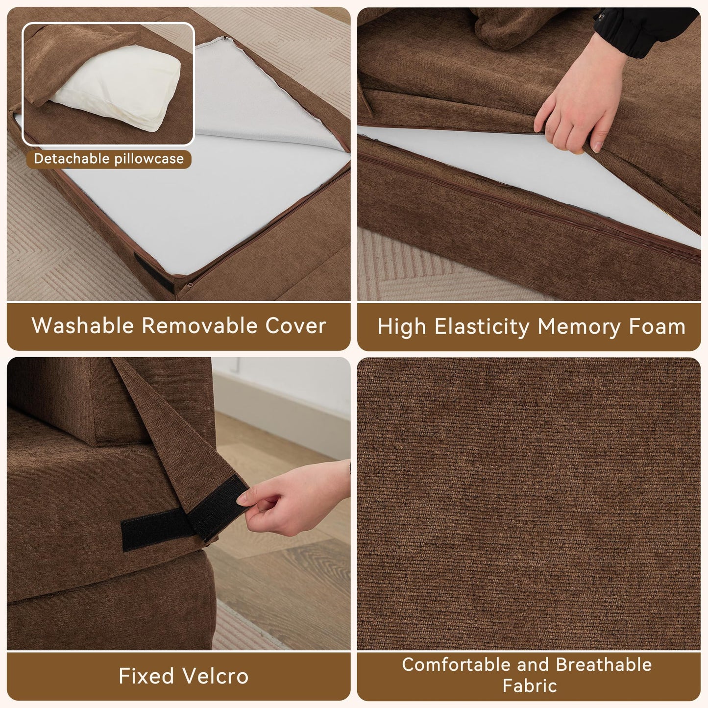 WUTUTUEE Folding Sofa Bed Convertible Floor Couch Foldable Chair Bed with Pillow, Linen Sleeper Chair Futon, Foldable Memory Foam Mattress for Bedroom/Living Room/Dorm/Office (Brown, Single)