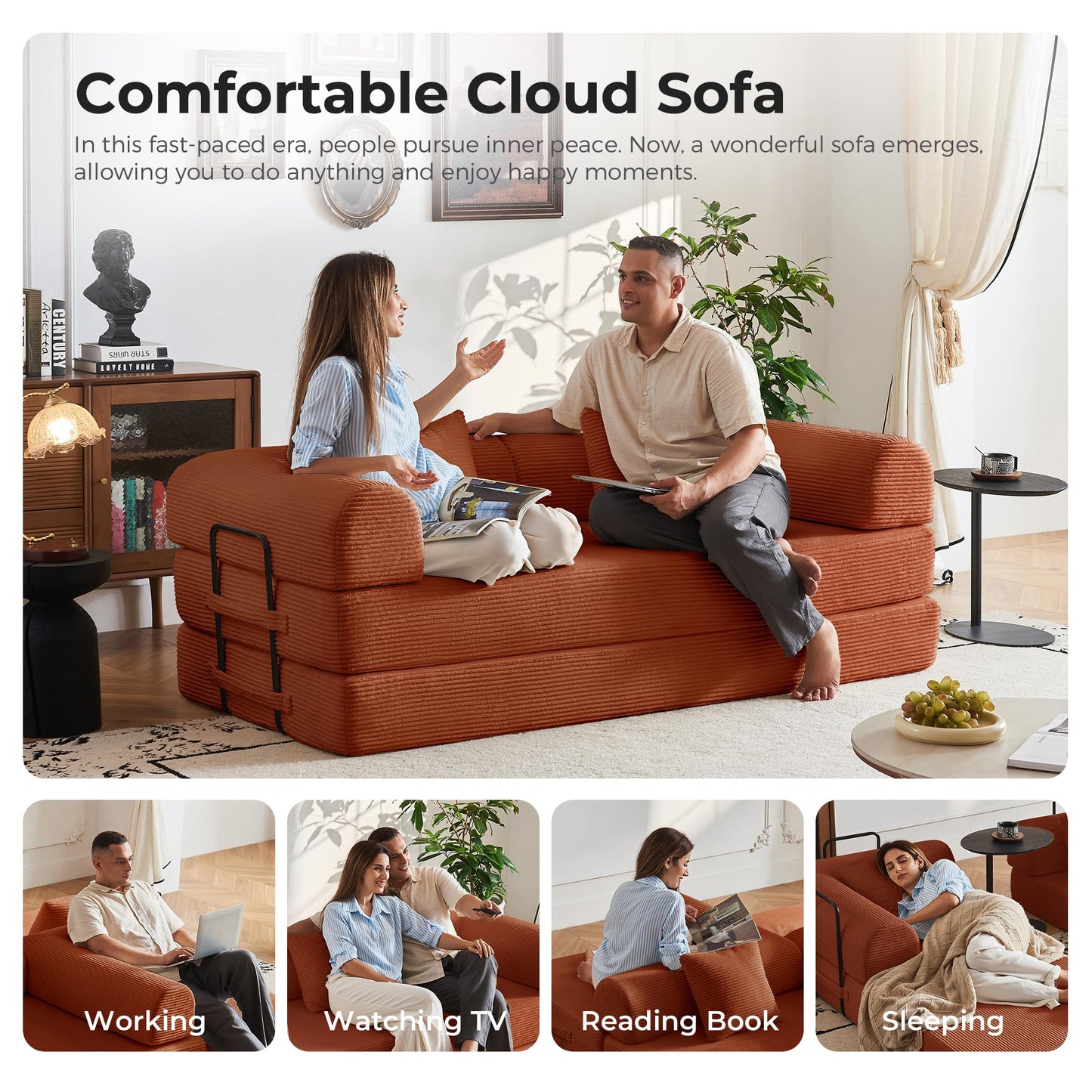 79" Convertible Sleeper Sofa Bed, Floor Sofa Lounge Couch with Fixed-Shape Frame, Modular Sectional Sofa Bed with 2 Pillows, Corduroy Loveseat Couches for Living Room, Bedroom, Lounge Studio（Orange）