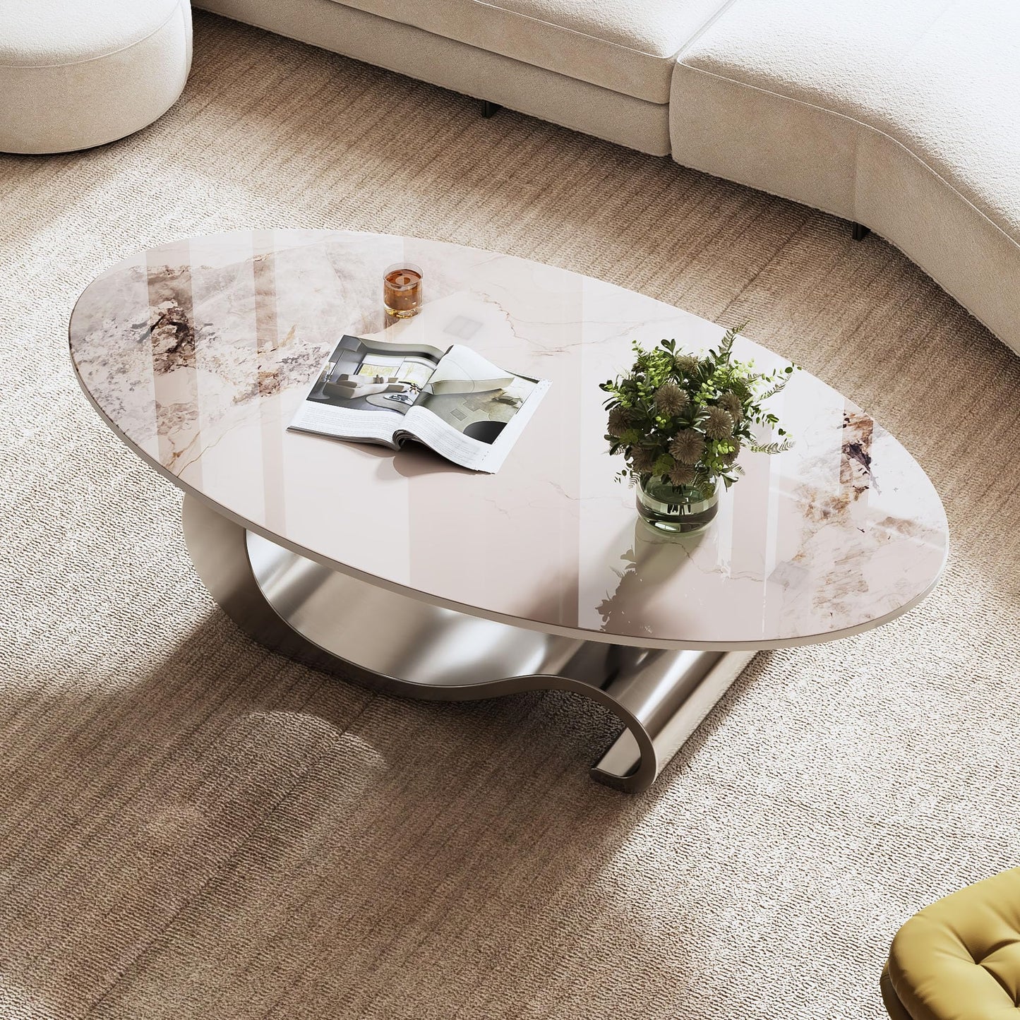 49.2" Oval Coffee Table Modern White Faux Marble Coffee Tables for Living Room Luxury Center Table Accent Cocktail Tea Table with Silver Geometric Stainless Steel Base for Home Office