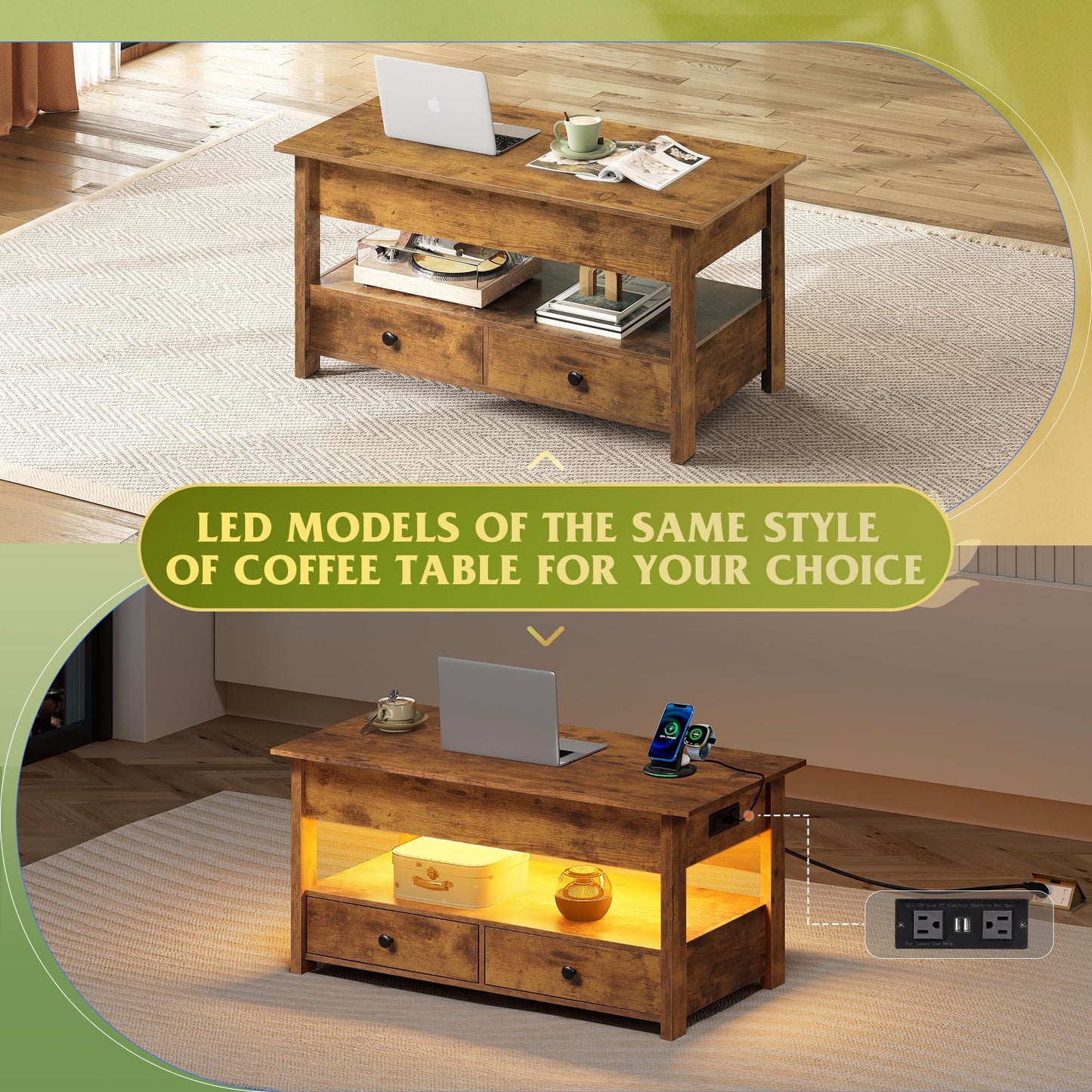 WLIVE Coffee Table, Lift Top Coffee Table with 2 Drawers, Large Hidden Hidden Compartment and Open Shelf, Lift Tabletop, Dining Table for Living Room, Rustic Brown