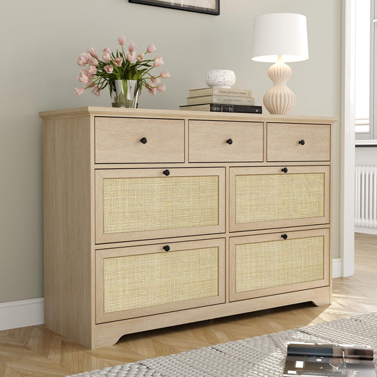 Yechen 7 Drawers Natural Rattan Dresser for Bedroom, Mid-Century Modern Natural Wood Dressers with Elegant Tabletop, Boho Chest of Drawers TV Stand with Sturdy Base for Living Room, Baby Nursery
