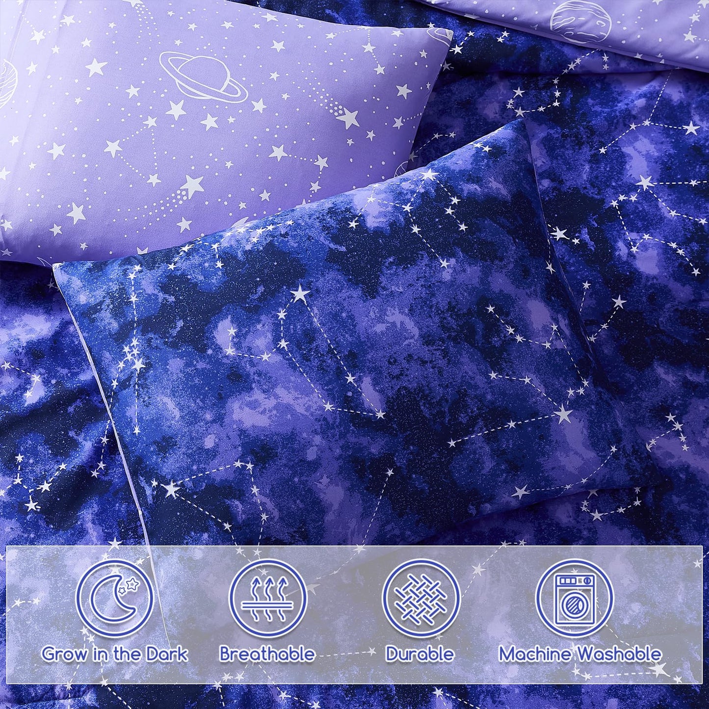 Wink Deer Twin Comforter Set - 5 Pieces Girls Boys Galaxy Glow in The Dark Twin Bedding Sets for Kids, Ultra Soft Bed in A Bag with Sheets