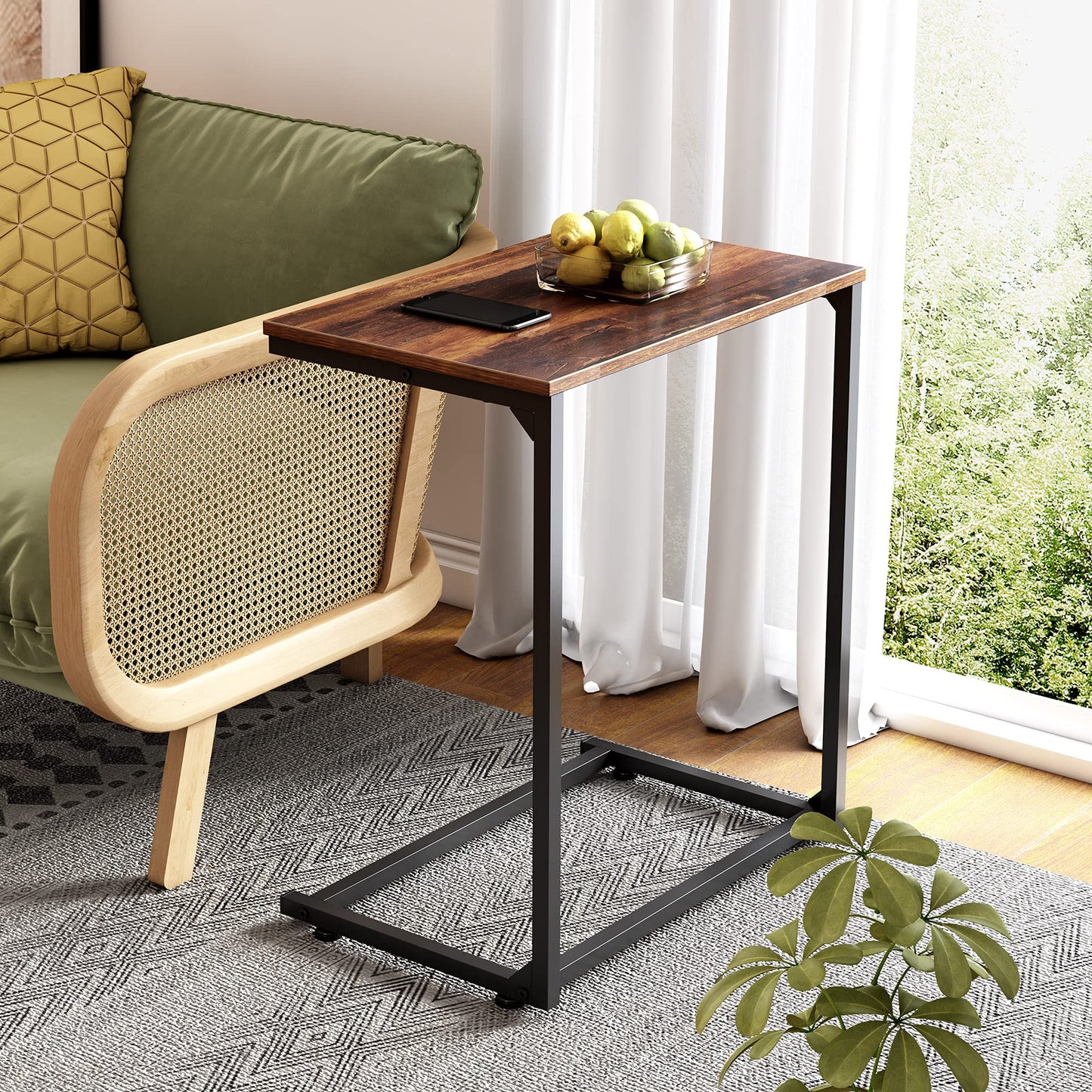WLIVE C-Shaped End Table, Small Side Tables for Sofa, Wide Couch Table That Slide Under, Laptop Snack Table for Living Room, Bedroom, Home Office, Retro Brown