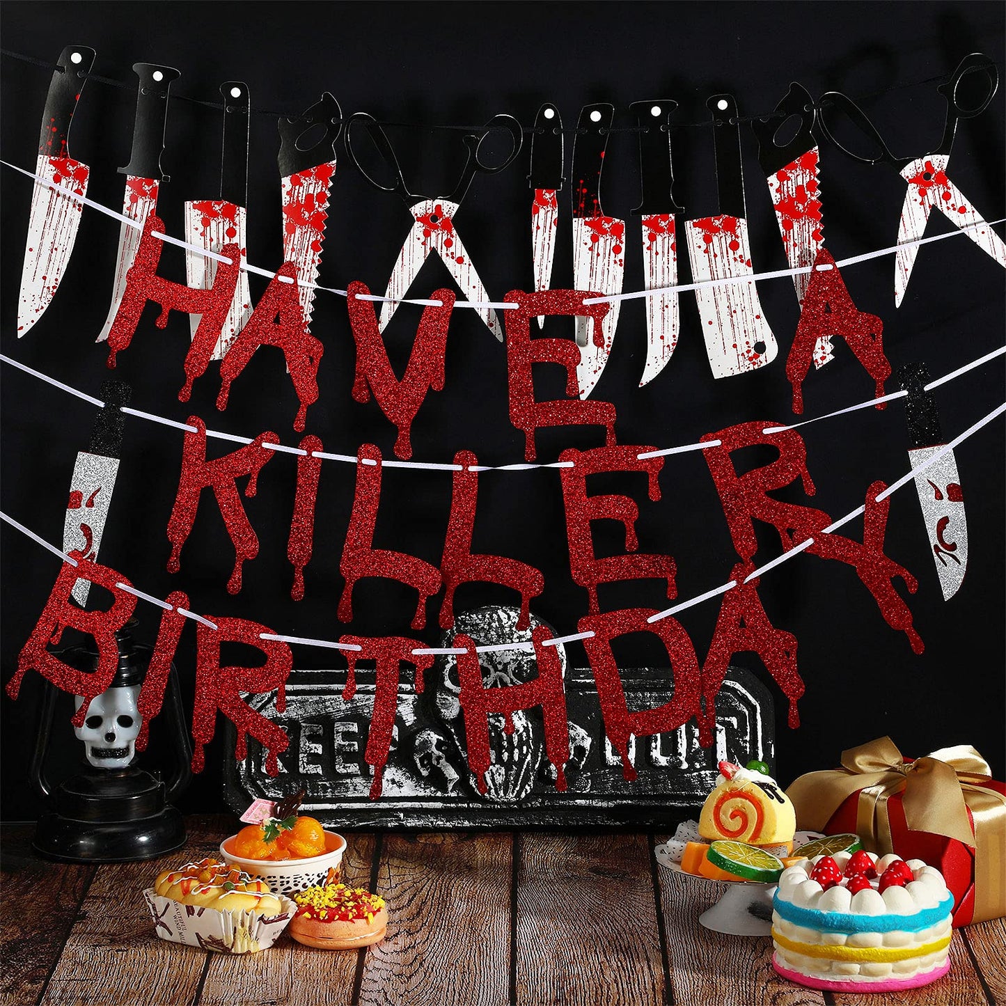 4 Pcs Have A Killer Birthday Banner Halloween Party Decorations Knife Hanging Banner for Halloween Horror Themed Birthday Supplies