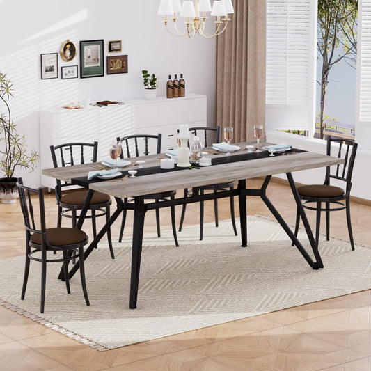 71" Long Dining Table for 6-8 People, Modern Farmhouse Wooden Dining Room Table with Adjustable Metal Legs, Large Rectangular Kitchen Tables for Dinner Party Family Gathering, Grey