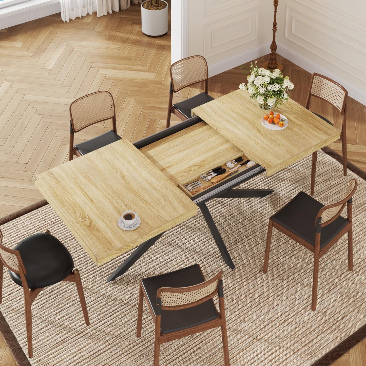 59In-78Inch Extendable Rectangular Dining Table for 6 8 People, Wood Long Dining Room Table W/Removable Leaves,Space Saving,Modern Dinner Table W/Waterproof Tabletop&Metal Legs for Kitchen Living Room