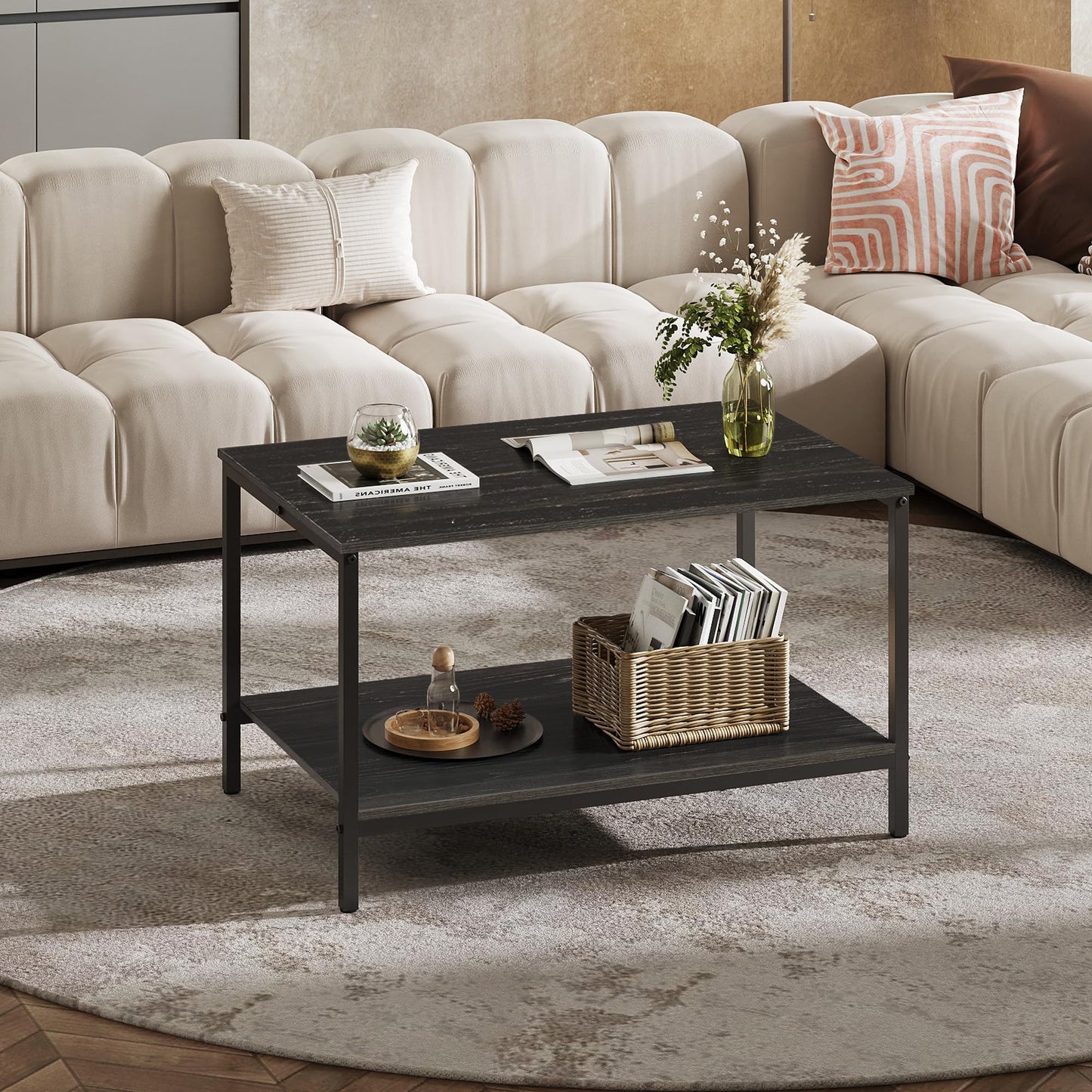 WLIVE Small Coffee Table for Living Room, 31.3" Modern Industrial Coffee Table with Storage Shelf & Metal Frame, 2-Tier Wood Center Table for Small Spaces Apartment, Home, Charcoal Black