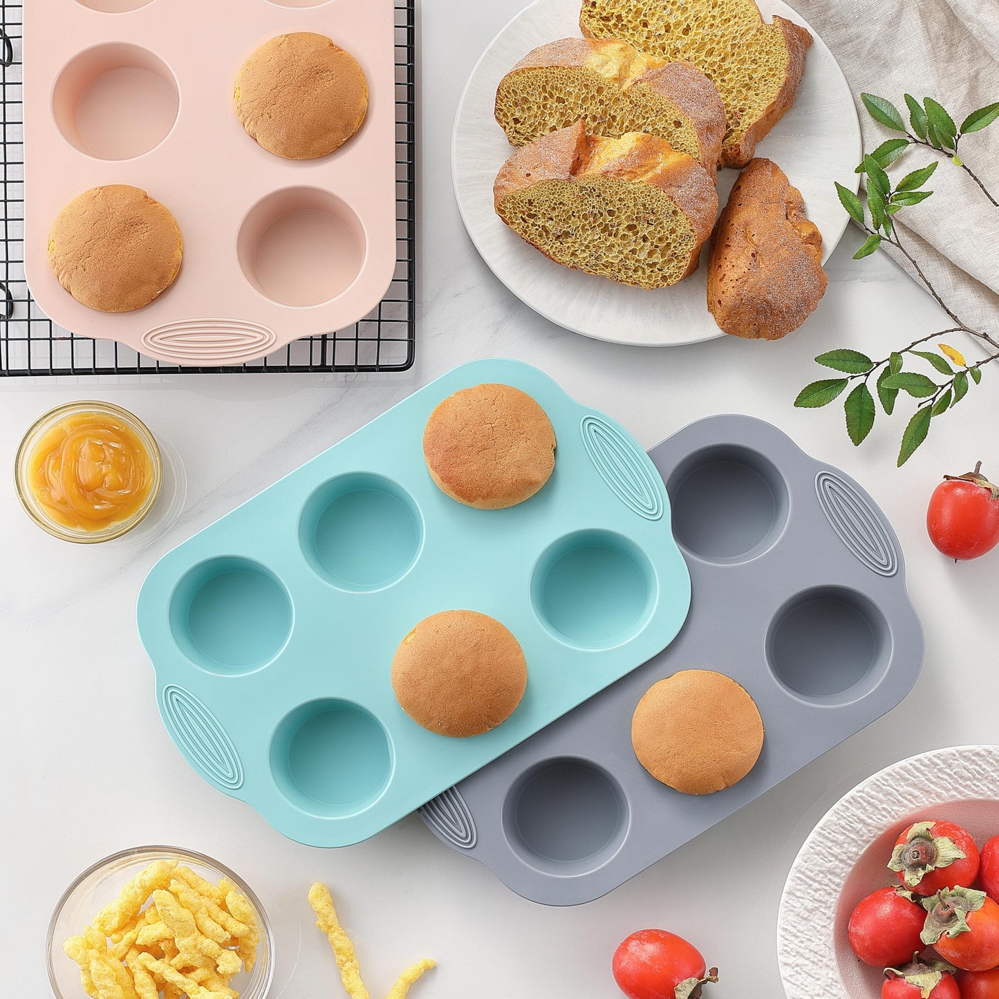 XZZWLL Silicone Muffin Pan, Food Grade Silicone Cupcake Molds for Baking Muffins and Cupcakes, 6-Cup Nonstick Cupcake Pan, Easy Cleaning and BPA-Free (Gray, Orange, Blue)
