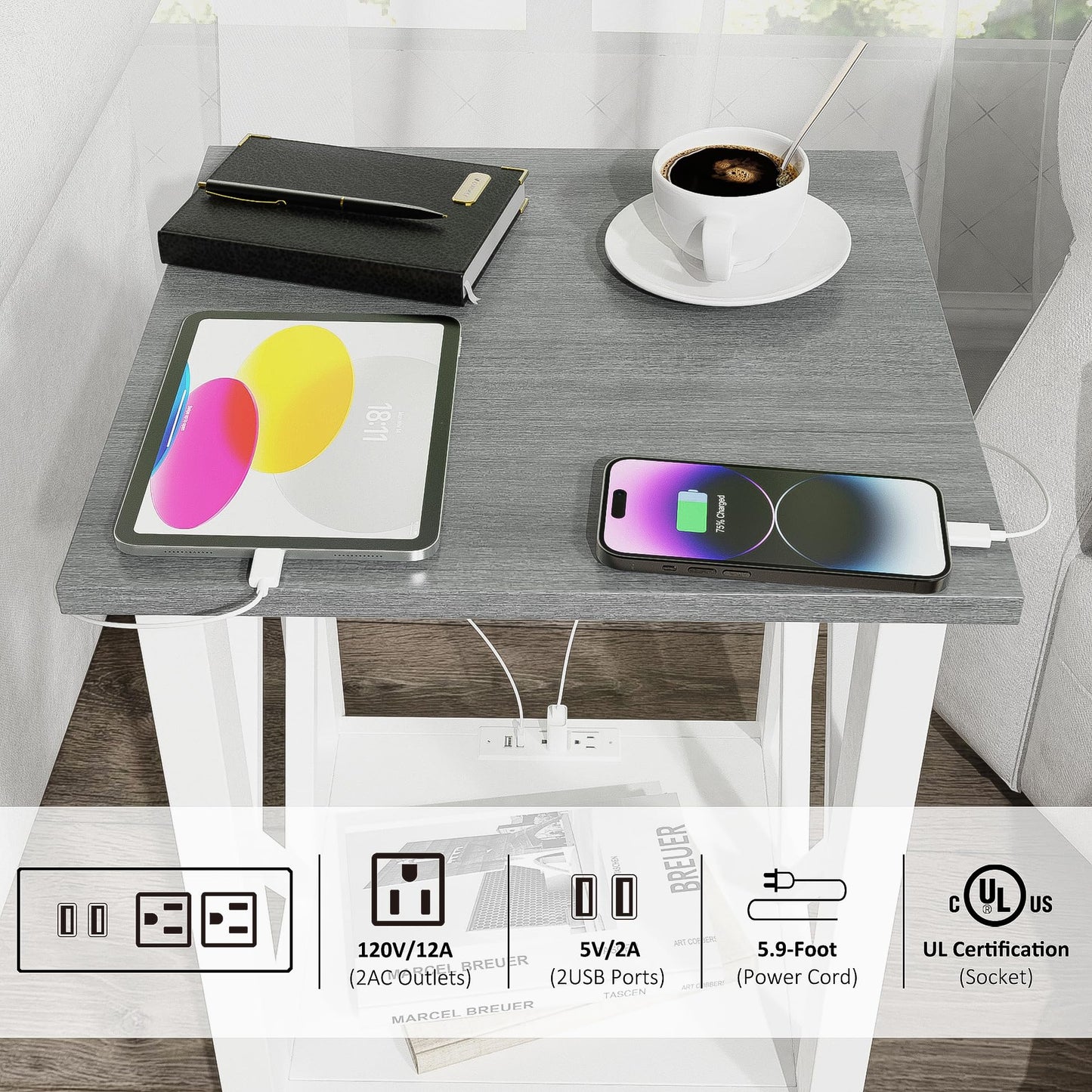 3imothrix Farmhouse End Table Set of 2, Small Side Table with Charging Station, Nightstand Bedside Table with Storage Shelf, USB Ports and Outlets for Small Space Living Room Bedroom