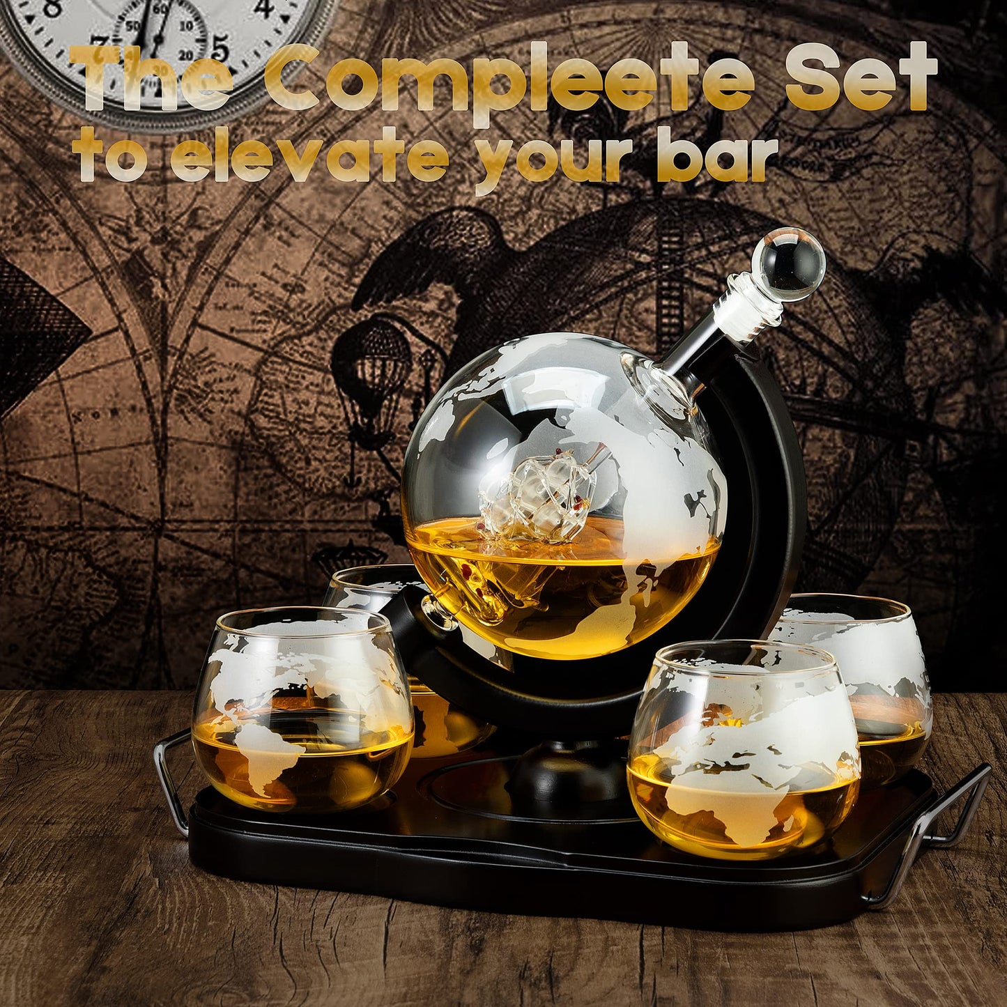 Whiskey Decanter Globe Set, Gifts for Men Husband Boyfriend Dad, with 4 Etched Whiskey Glasses, 4 Ice Cubes, Tong & Funnel, Decanter for Liquor, Bourbon, Scotch, Whisky, Vodka Brandy