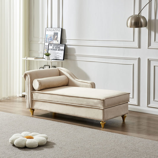 60.6''Velvet Chaise Lounge Indoor, Modern Velvet Sofa Lounge Chair with Storage,Upholstery Button Tufted Lounge Sofa Sleeper with Left Armrest & Lumbar Pillow for Living Room,Bedroom,Office,Beige
