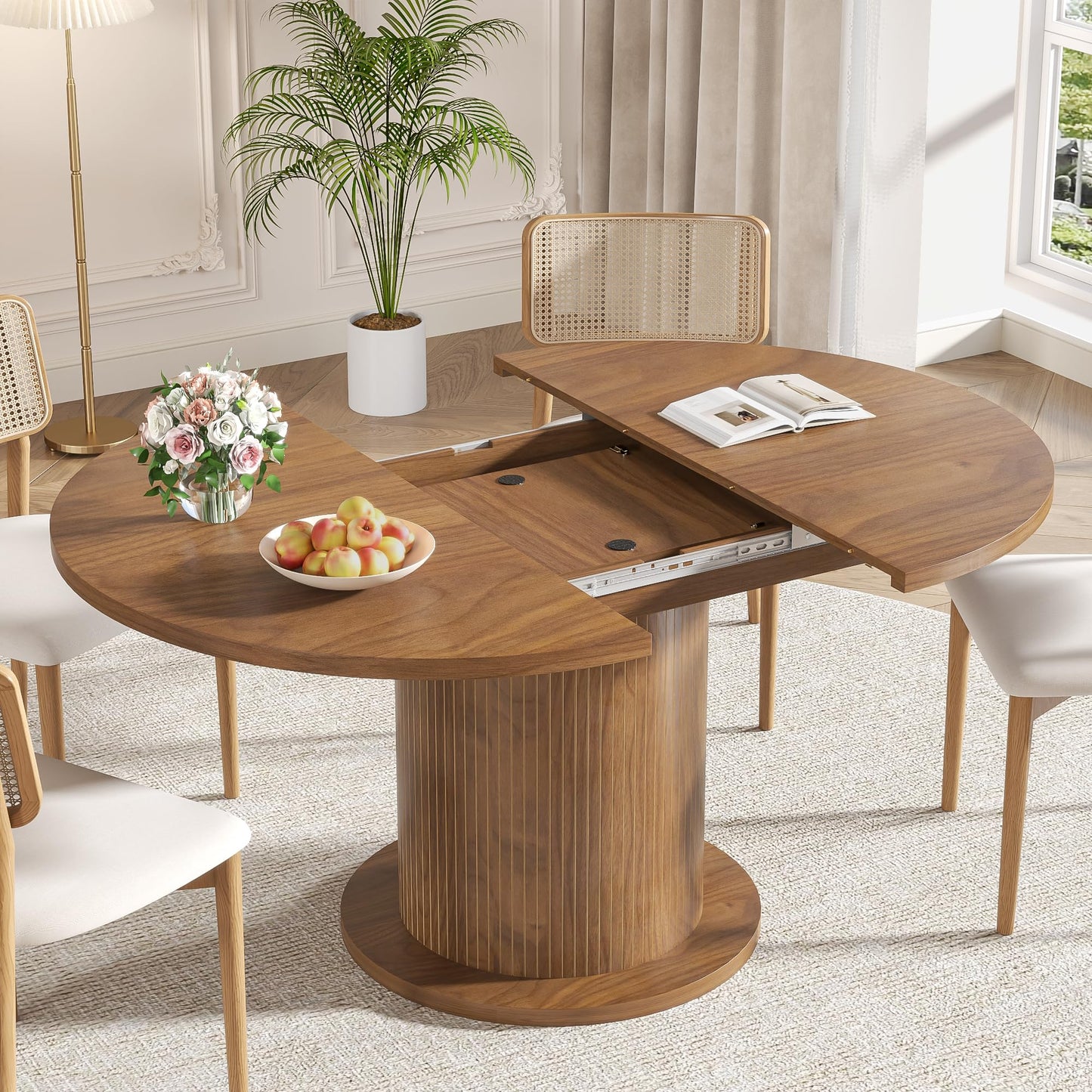 59 inch Adjustable Size Round Dining Table for 4 6, Unique Design Modern Farmhouse Kitchen Table, Fluted Base for Home Dining Room Living Room(Walnut)