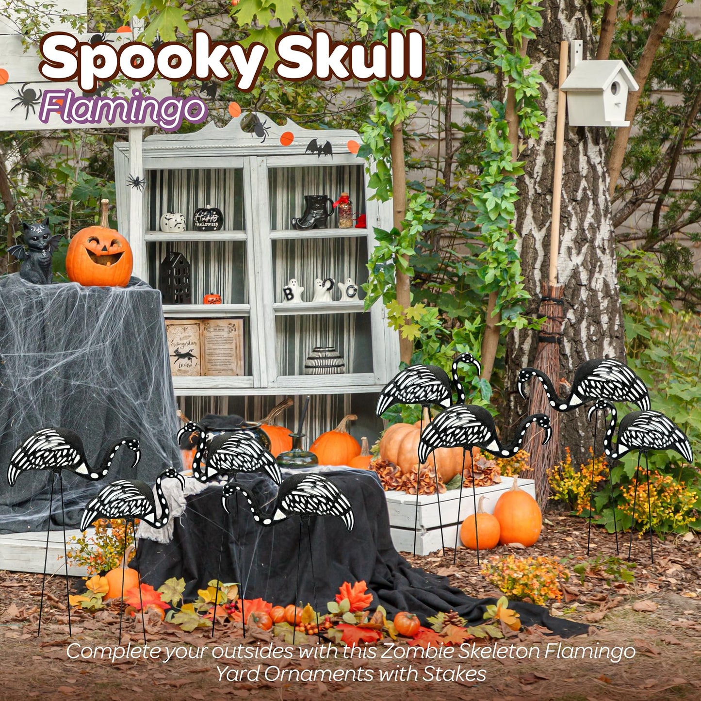4E's Novelty Set of 2 Black Skeleton Flamingo Lawn Ornaments with Stakes for Halloween Outdoor Decorations