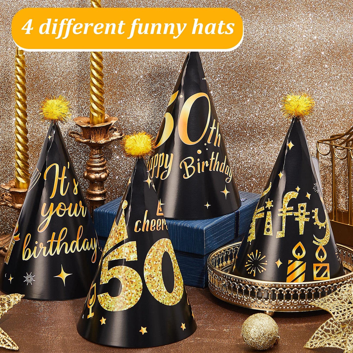 26 Pieces 50th Birthday Party Decoration Glasses and Hats Kits Black Gold Theme Paper Eyeglasses and Hats Funny Glasses and Hats Costume Accessories 50th Birthday Party Supplies for Men and Women