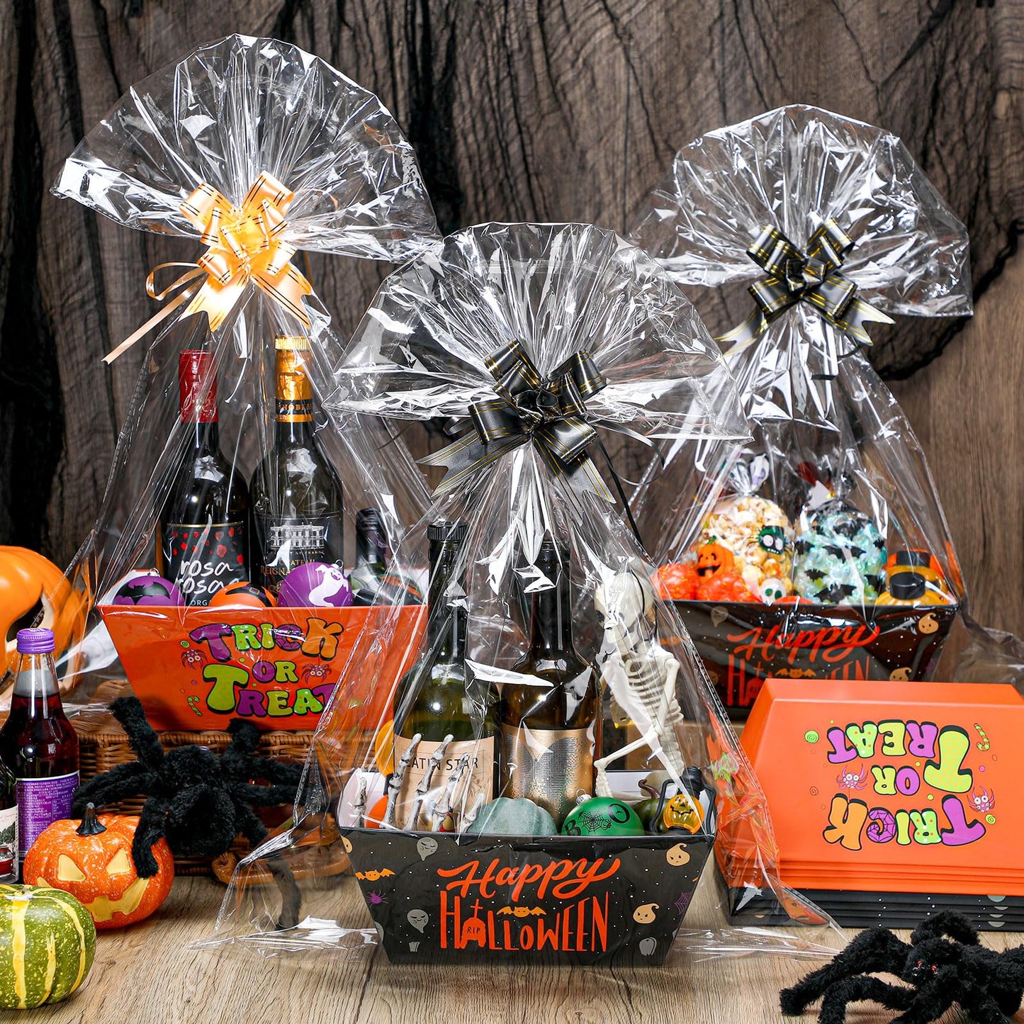 Yeaqee 36 Pcs 12 Pack Halloween Basket for Gifts with Bows Ribbons Bulk Treat Basket Orange Black Gift Baskets for Halloween Treat Party Favors