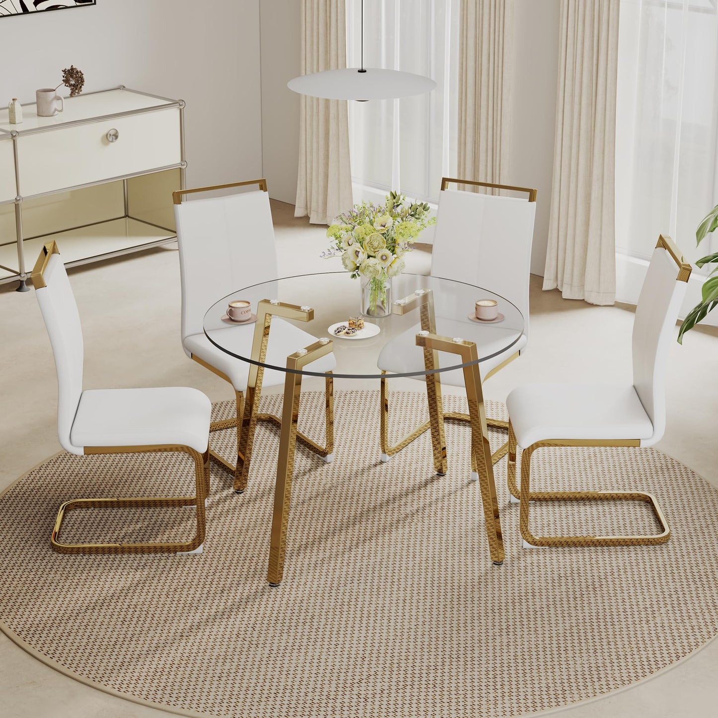 42”Round Dining Table Set for 4,Tempered Glass Table Top with 4 Luxury Golden Metal Legs,Small Kitchen Room Table with 4 Grey Armless Chairs,Space-Saving Breakfast Nook Table Set for 4,Dinette