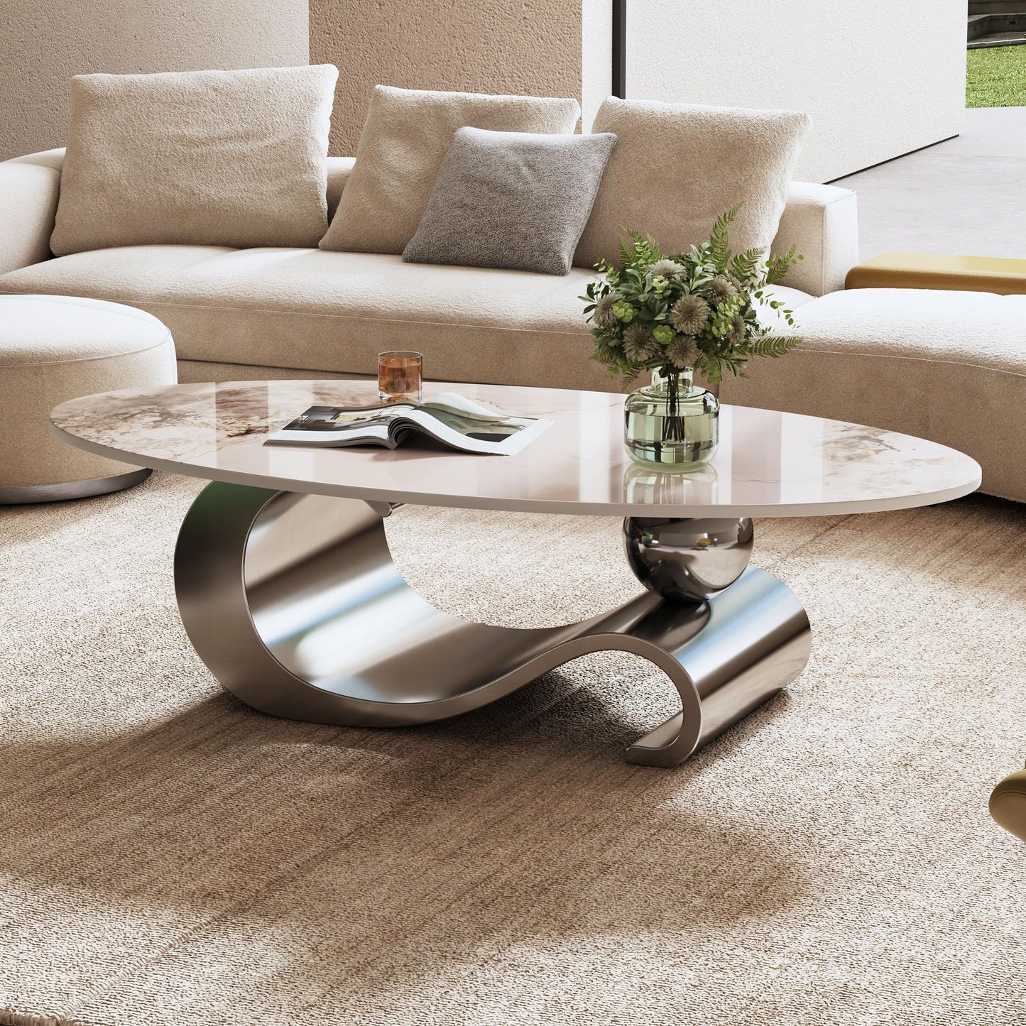49.2" Oval Coffee Table Modern White Faux Marble Coffee Tables for Living Room Luxury Center Table Accent Cocktail Tea Table with Silver Geometric Stainless Steel Base for Home Office