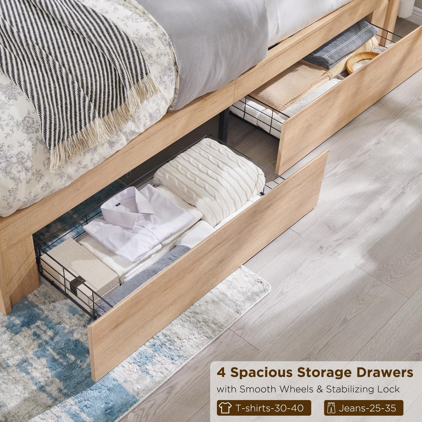 ACCOHOHO King Size Bed Frame Modern with 52" Tall Arched Recessed Headboard and 4 Drawers, Solid Wood Slats Support, Wood Platform, Noise Free, No Box Spring Needed, Natural Oak