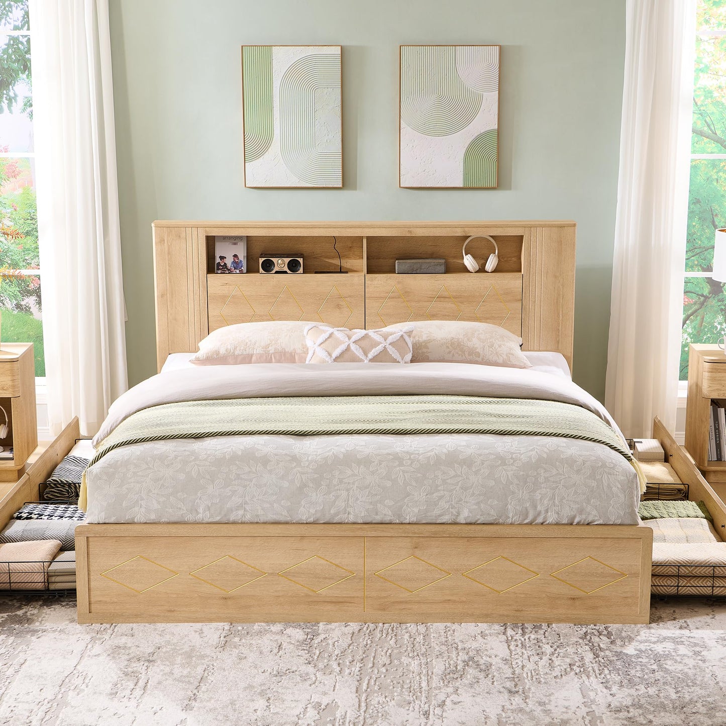 ACCOHOHO Modern King Size Bed Frame with 47" Tall Storage Headboard, 4 Drawers, Charging Station, Led Light, Wood Platform Bed with Solid Wood Slats, Noise Free, No Box Spring Needed, Natural Oak