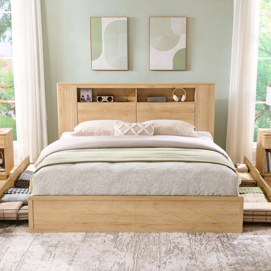 ACCOHOHO Modern King Size Bed Frame with 47" Tall Storage Headboard, 4 Drawers, Charging Station, Led Light, Wood Platform Bed with Solid Wood Slats, Noise Free, No Box Spring Needed, Natural Oak