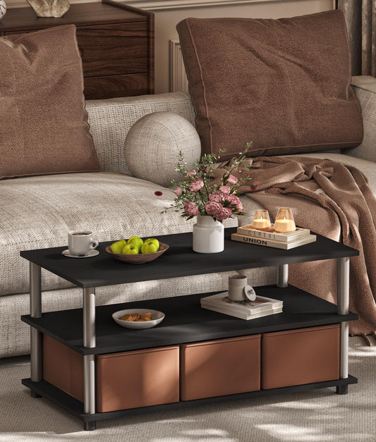 VPSMAT Coffee Table for Living Room, Wood Center Table with Storage Shelf and 3 Drawers for Living Room Apartment Home Office Black/Brown
