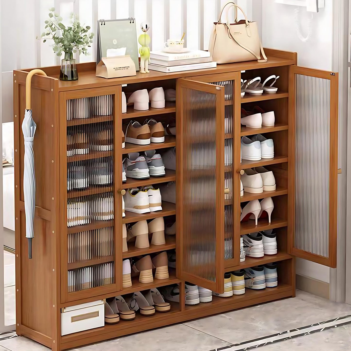 8 Tier Bamboo Shoe Cabinet, Shoe Storage Cabinet with Doors, 40 Pairs Shoe Organizer with Shelves, Freestanding Shoe Rack for Entryway, Hallway, Closet Living Room (Brown)