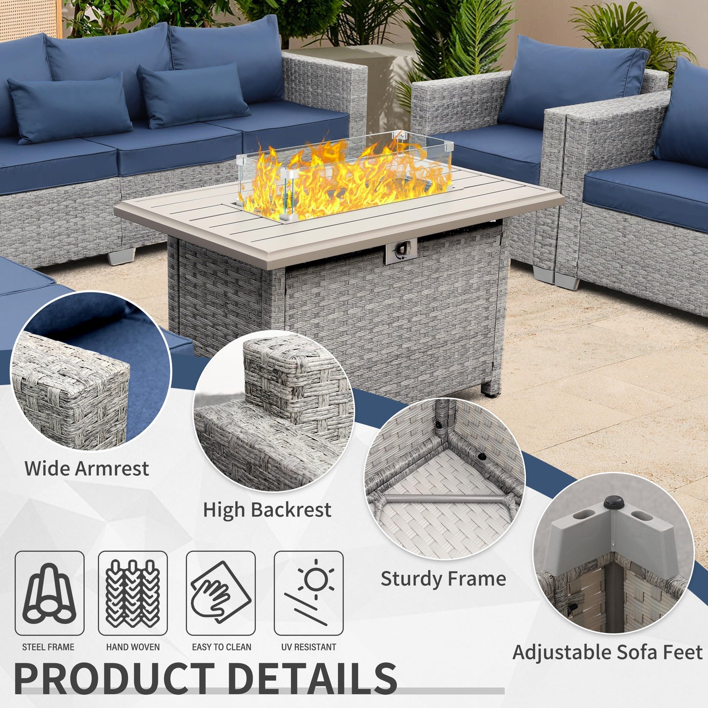 WAROOM Patio Furniture Set 5 Piece Grey Wicker Outdoor Furniture with Fire Pit Table, Patio Sectional Sofa Couch Sets Backyard Deep Seating PE Rattan Chairs, Navy Blue Cushion