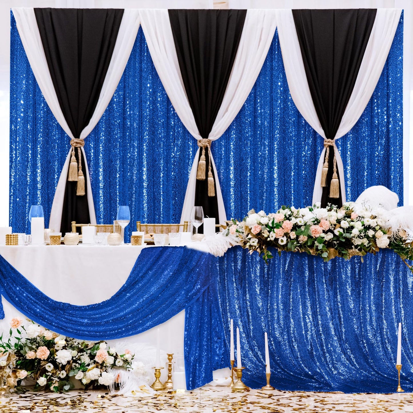 VitalCozy 4 Panels Backdrop Curtains 2 Pcs 4 x 10 ft Sequin Glitter 2 Pcs 7 x 10 ft Chiffon Photo Background Curtains for Wedding Birthday Party Decorations(Black, Royal Blue)