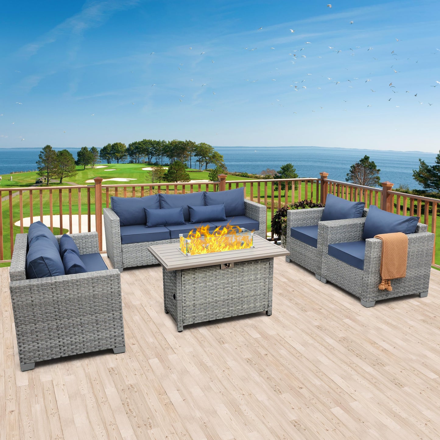 WAROOM Patio Furniture Set 5 Piece Grey Wicker Outdoor Furniture with Fire Pit Table, Patio Sectional Sofa Couch Sets Backyard Deep Seating PE Rattan Chairs, Navy Blue Cushion