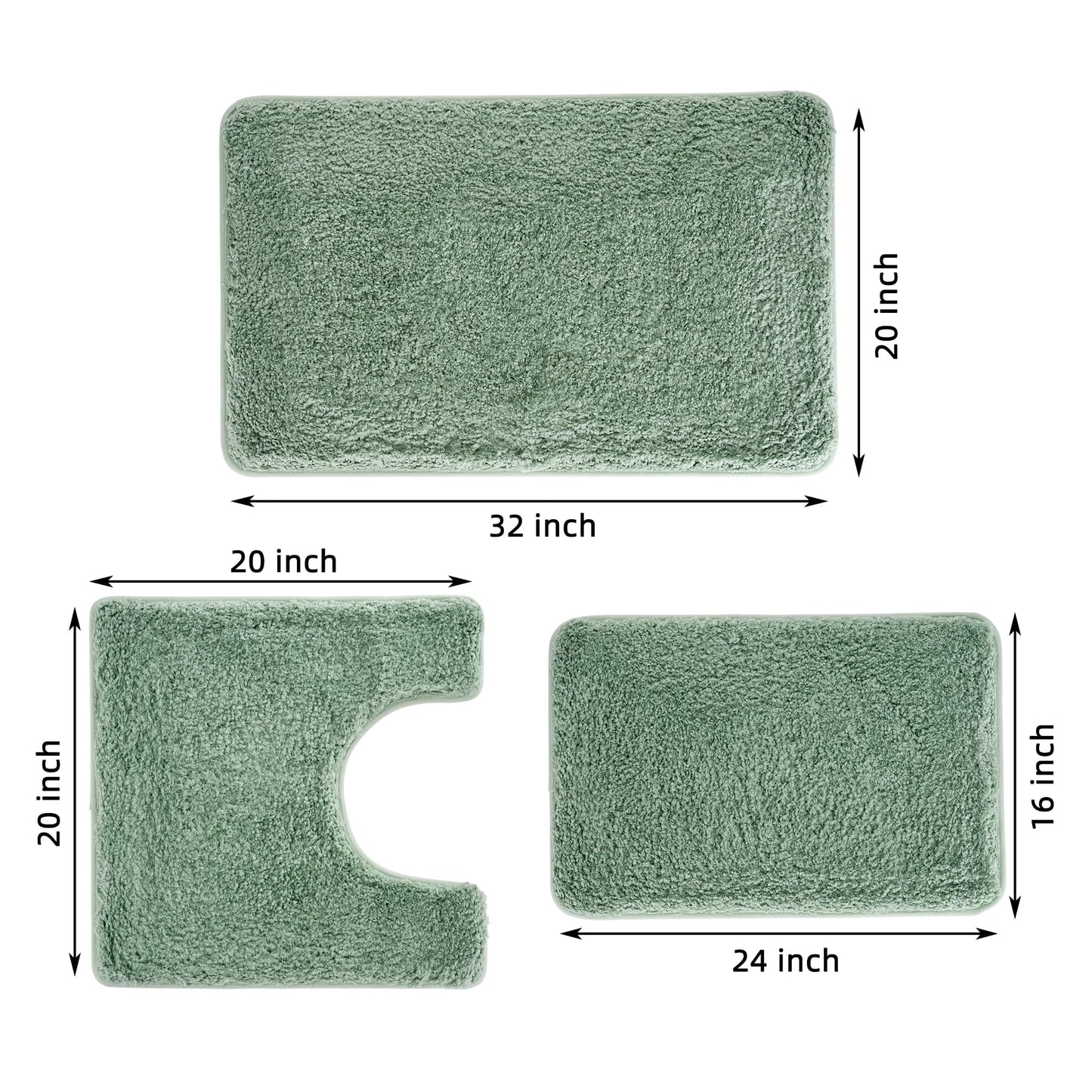 3 Pieces Luxury Bathroom Rug Set with U-Shaped Toilet Rug, Non-Slip Rubber Bottom, Thick Microfiber Fluffy Plush, Water absorption, Quick Dry, Ultra Soft, Bath Mats for Bathroom, Tub(Sage Green)