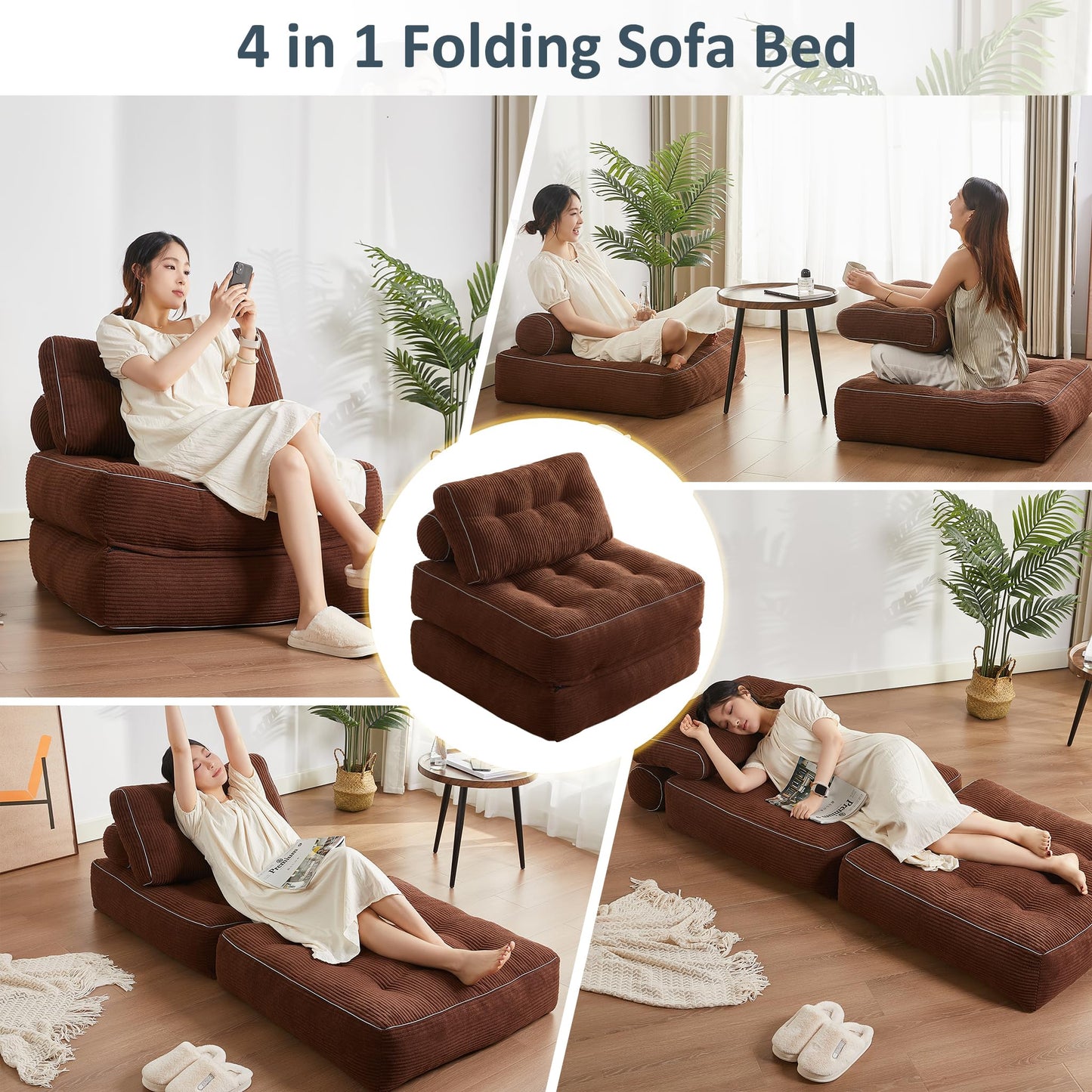 Afuson Folding Chair Bed, Futon Sofa Bed, Floor Couch for Adults Chair Bed for Living Room, Lounge Sofa, Convertible Sofa Bed, Small Couches for Small Spaces,Brown