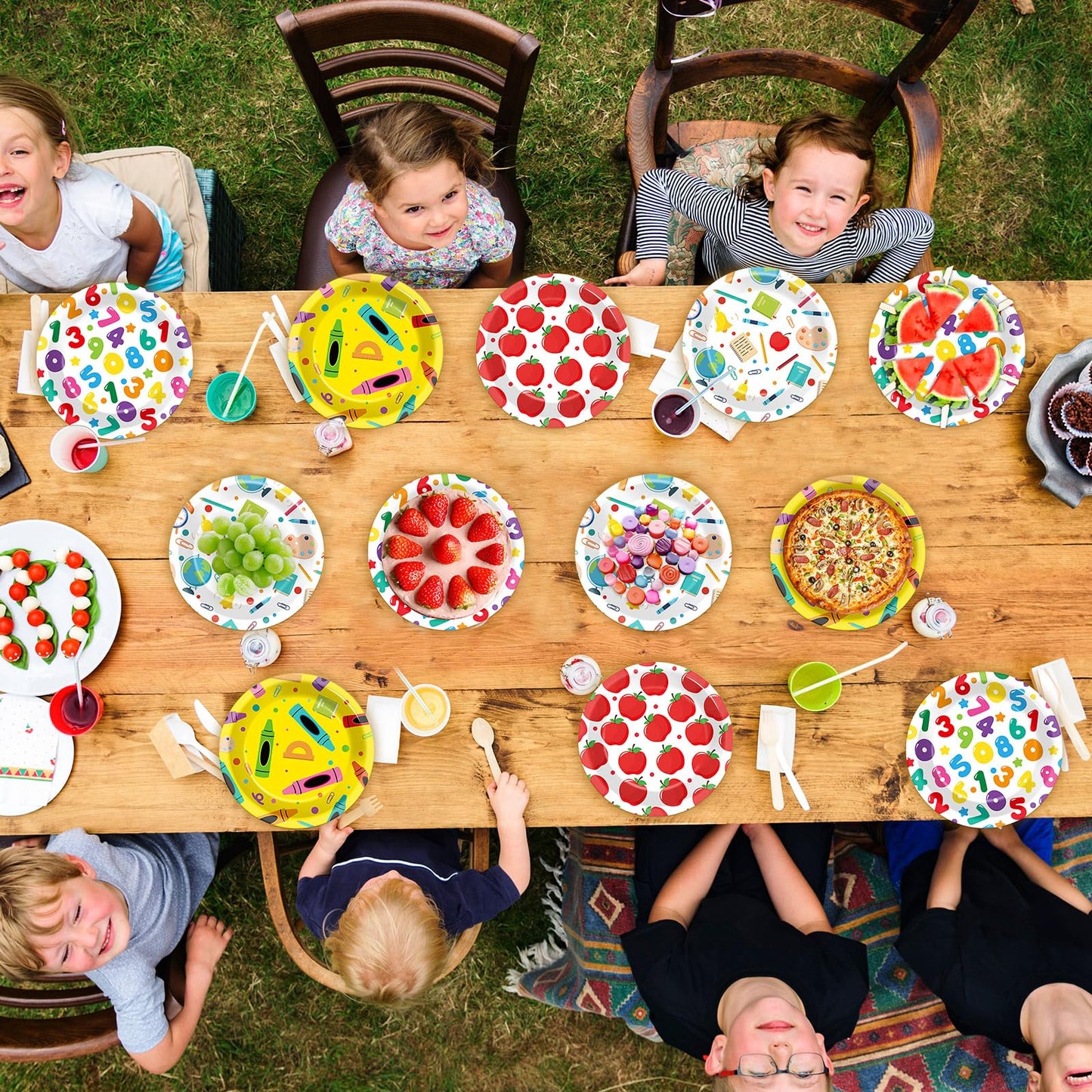 60Pcs Back to School Paper Plates School Theme Apple Number Book Pencil Crayons Disposable Tableware for First and Last Day of School Preschool Kindergarten Graduation Party Supplies Table Decorations