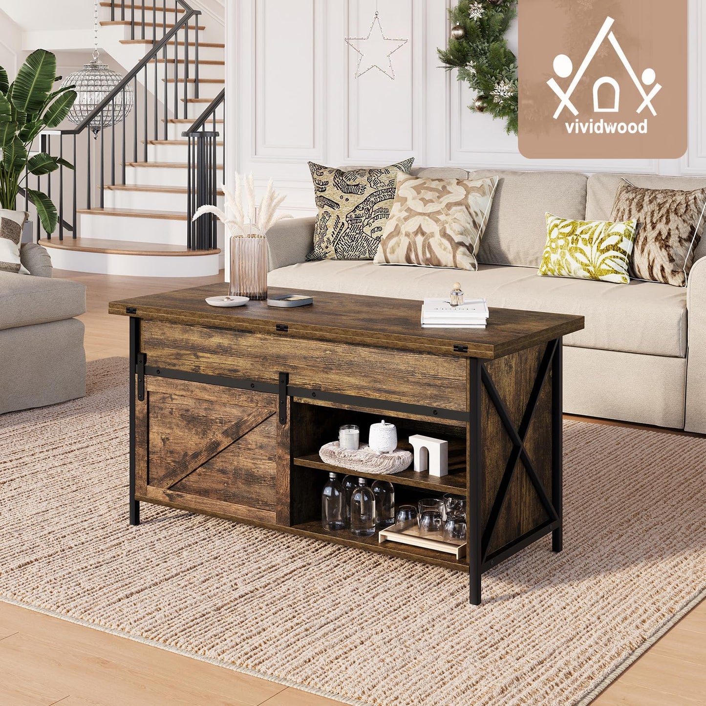 Vividwood Lift Top Coffee Table with Storage and Sliding Door, 4 in 1 Multi-Function Convertible Tea Table with Hidden Compartment, Farmhouse Center Table with Wood Lift Tabletop for Living Room Brown