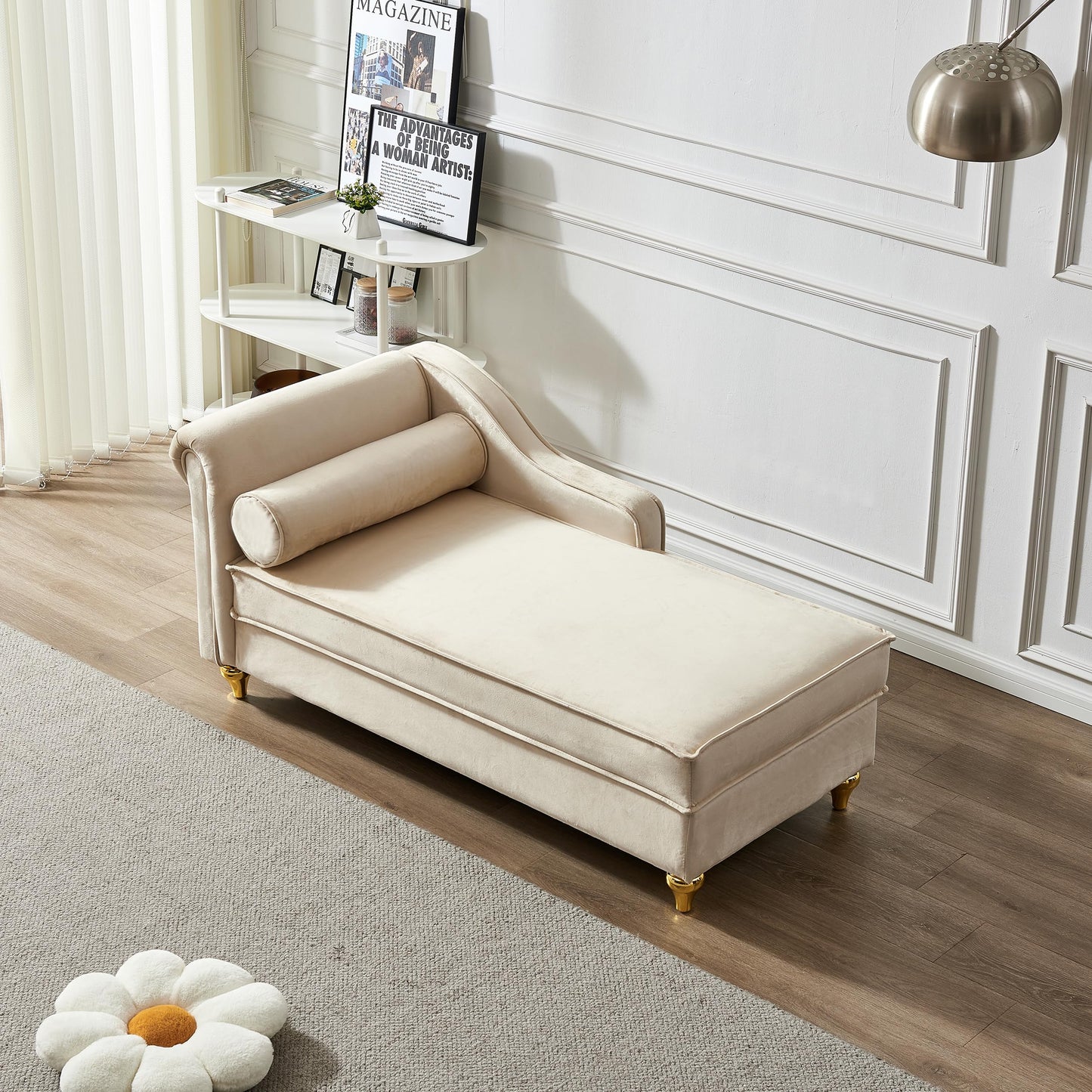 60.6''Velvet Chaise Lounge Indoor, Modern Velvet Sofa Lounge Chair with Storage,Upholstery Button Tufted Lounge Sofa Sleeper with Left Armrest & Lumbar Pillow for Living Room,Bedroom,Office,Beige