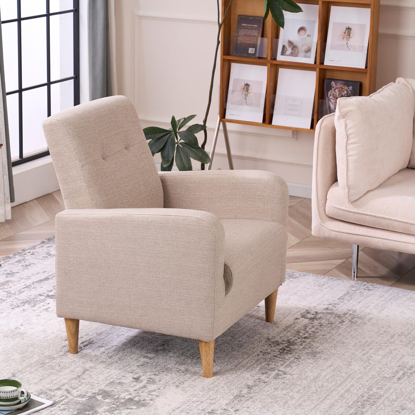 VKNOW Accent Chair Living Room Chair, Upholstered Linen Armchair Sofa Chairs for Bedroom, Living Room, Mid Century Modern Comfy Reading Chair,Beige