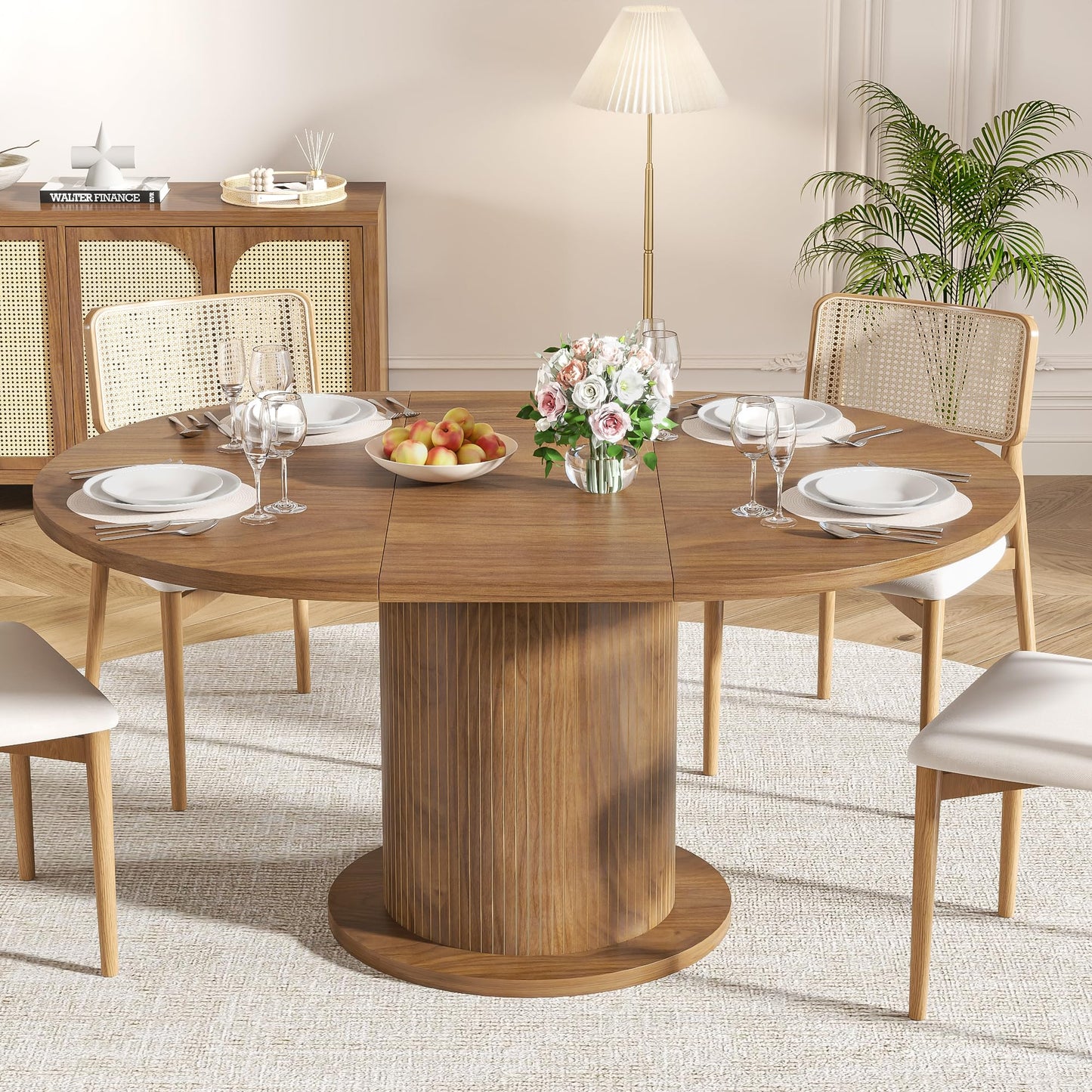 59 inch Adjustable Size Round Dining Table for 4 6, Unique Design Modern Farmhouse Kitchen Table, Fluted Base for Home Dining Room Living Room(Walnut)