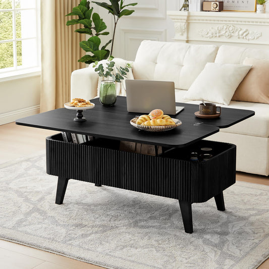 3 in 1 Lift Top Coffee Table, Fluted Convertible Coffee Tables Converts to Dining Tables, Modern Oval Wooden Center Table with Storage for Living Room Office Small Space, Partial Assembly (Black)