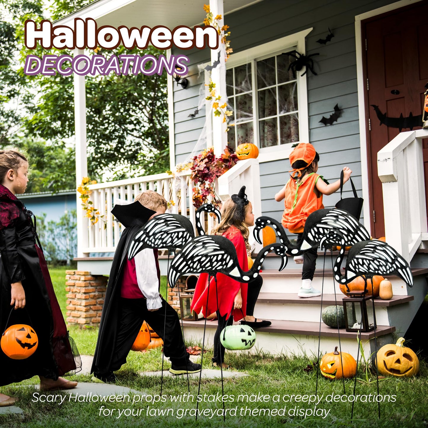 4E's Novelty Set of 2 Black Skeleton Flamingo Lawn Ornaments with Stakes for Halloween Outdoor Decorations