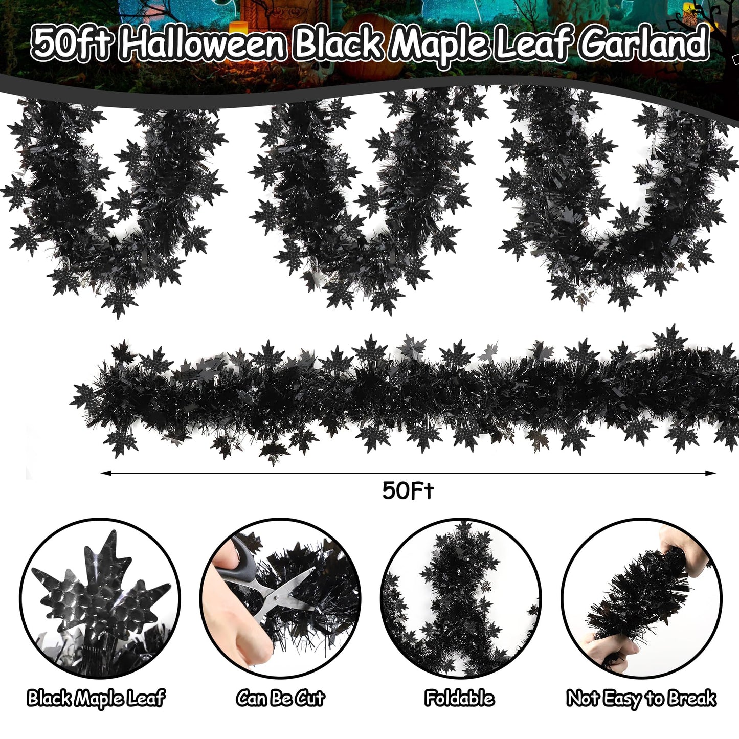 50FT Halloween Tinsel Garland Decorations, Black Shiny Metallic Streamer Garland with Maple Leaves for Home Tree Mantle Indoor Outdoor Halloween Party Supplies