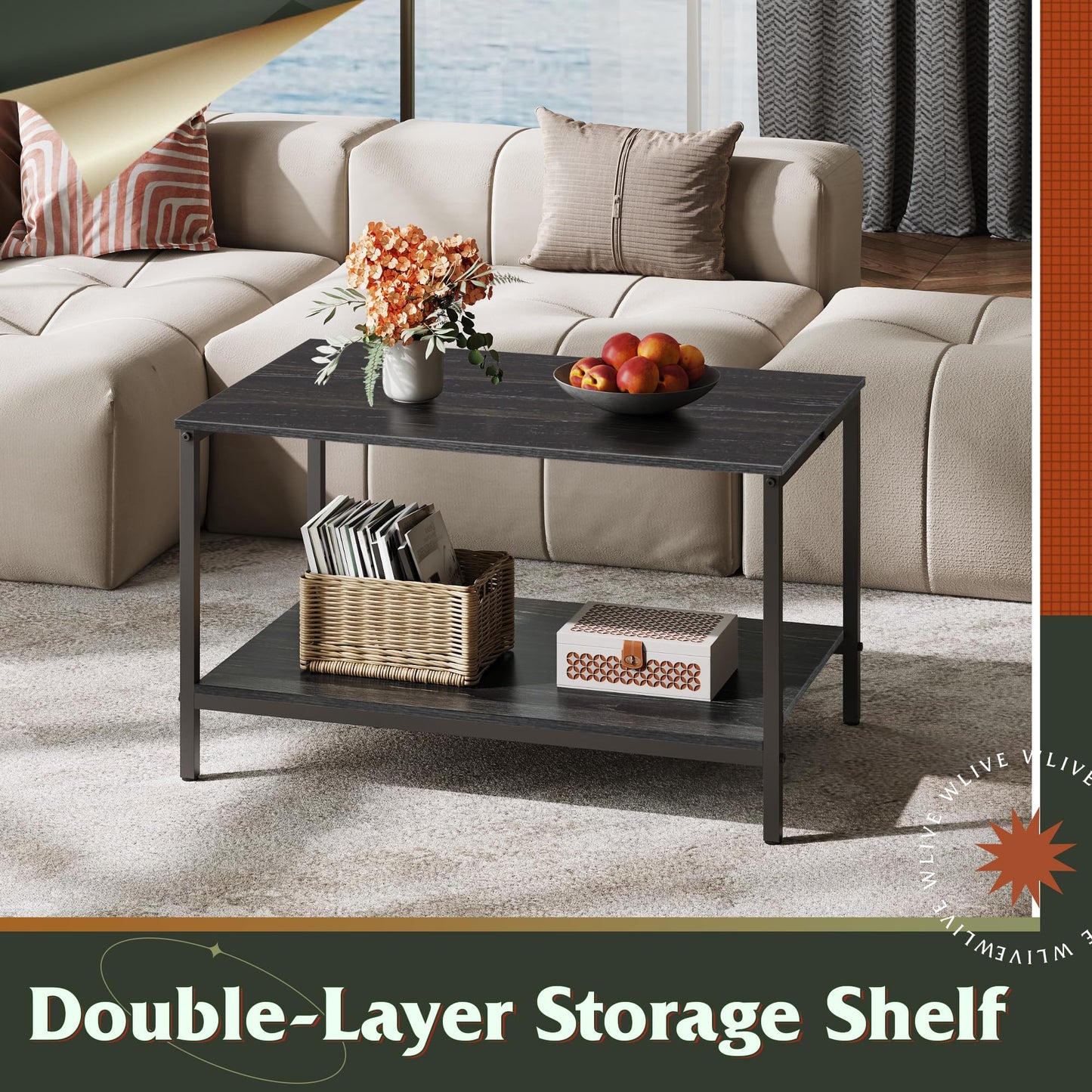 WLIVE Small Coffee Table for Living Room, 31.3" Modern Industrial Coffee Table with Storage Shelf & Metal Frame, 2-Tier Wood Center Table for Small Spaces Apartment, Home, Charcoal Black